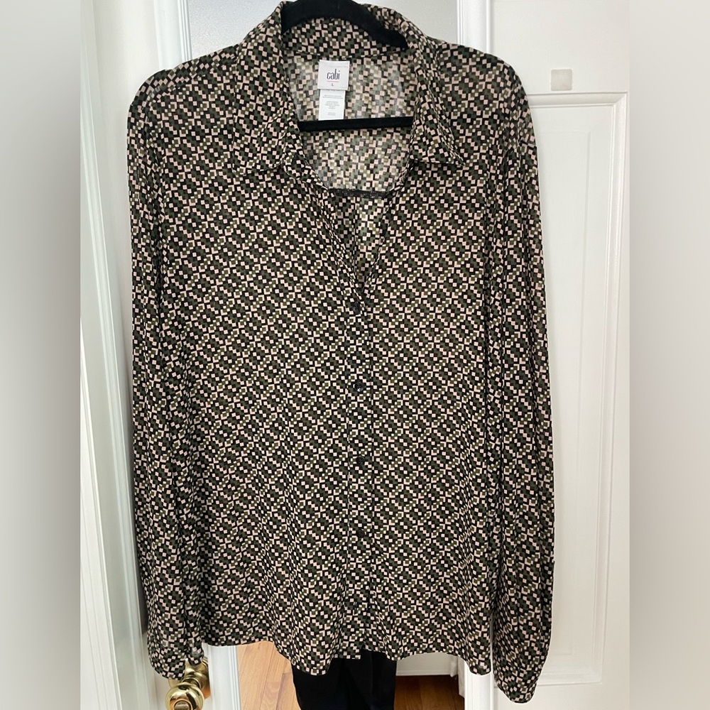 CAbi Sheer Geometric Button-Front Blouse in Black Olive and Cream Sz L